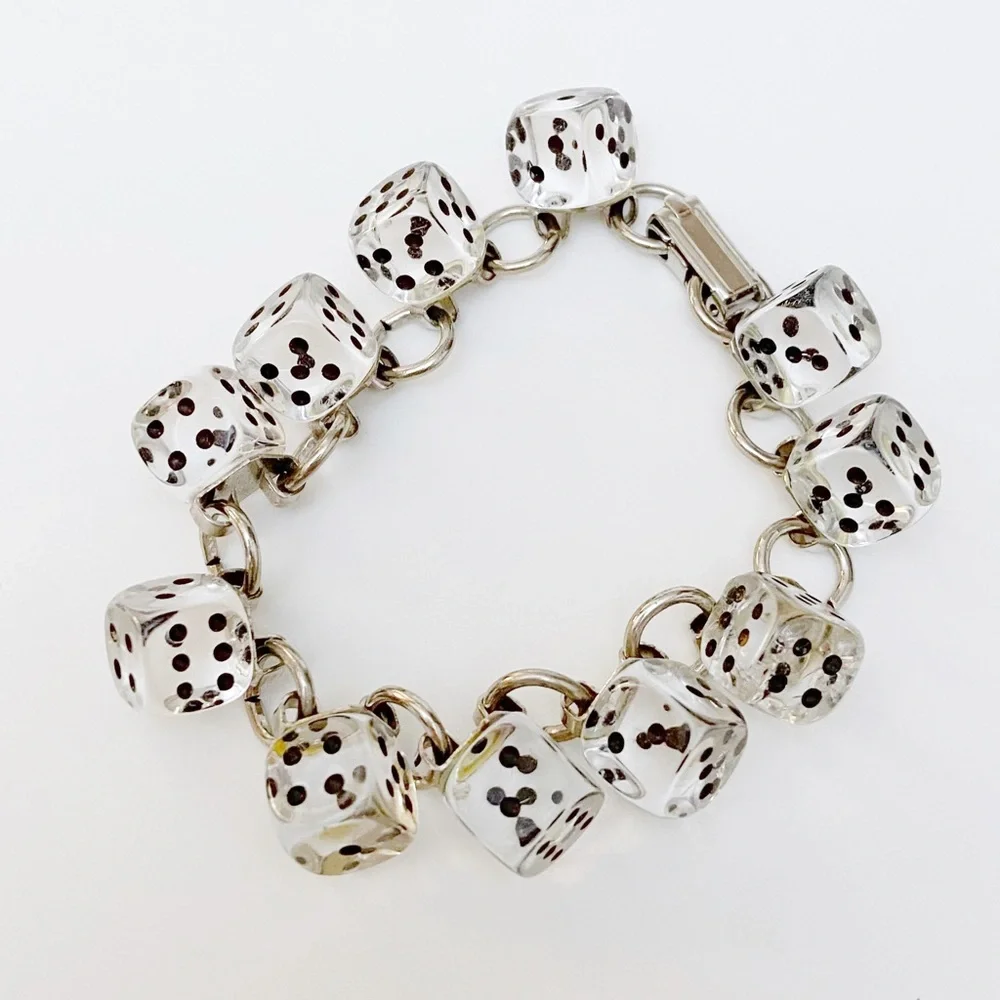 Vintage Retro Clear Acrylic Lucite Dangling Dice Bracelet - Picture 3 of 4